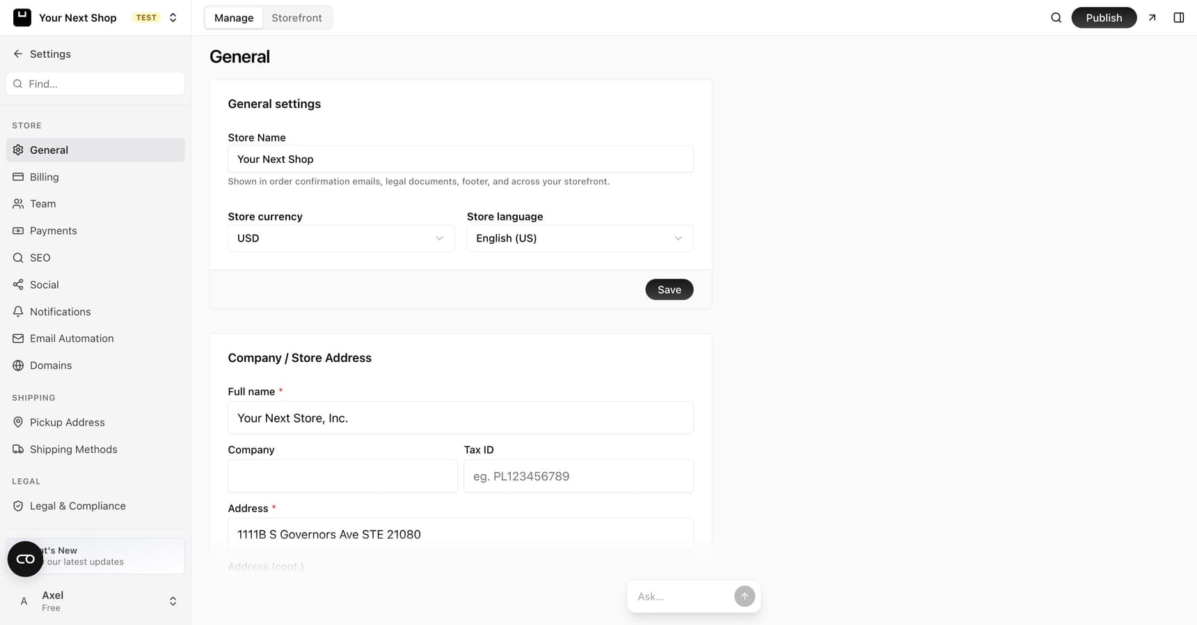The General settings page with the store name, currency, and language, plus a company and store address section with full name, tax ID, and address