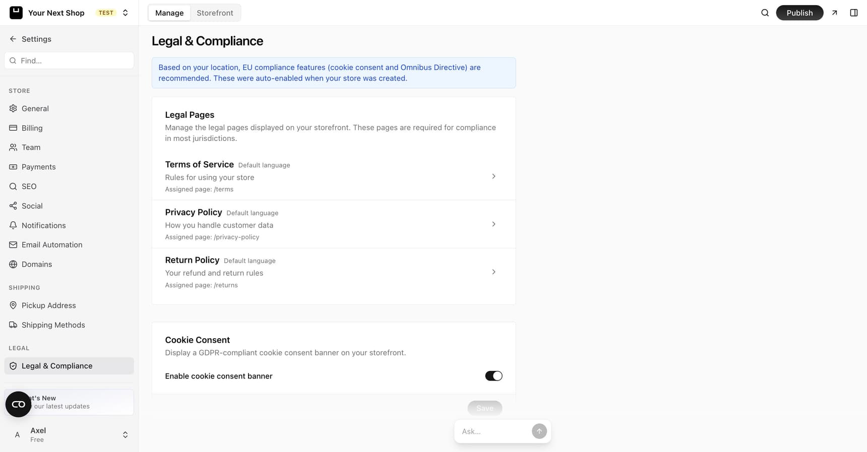 The Legal & Compliance page with legal pages for terms of service, privacy policy, and return policy, plus a cookie consent banner toggle
