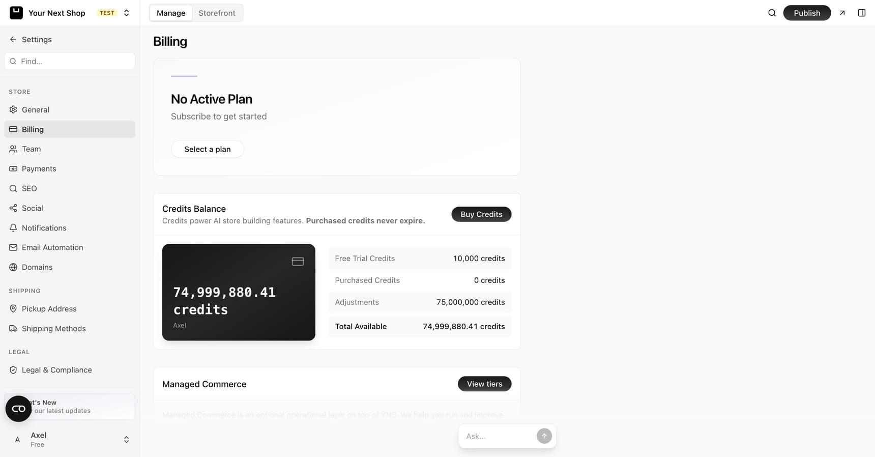 The Billing page showing the current plan with a Select a plan button and a credits balance used for AI store-building features
