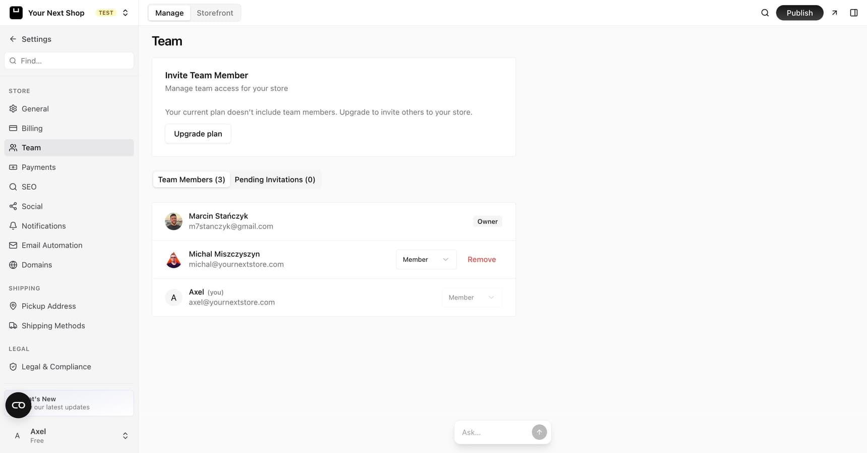 The Team settings page with an Invite Team Member panel and a list of team members showing their roles, such as Owner and Member