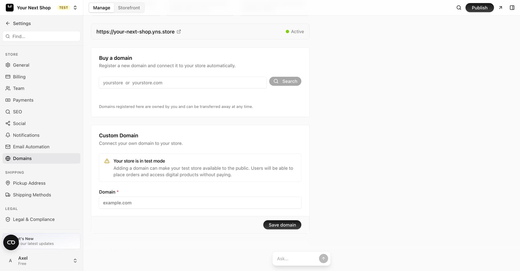 The Custom Domain section of domain settings, with a box to buy a new domain and a field to connect a domain you already own