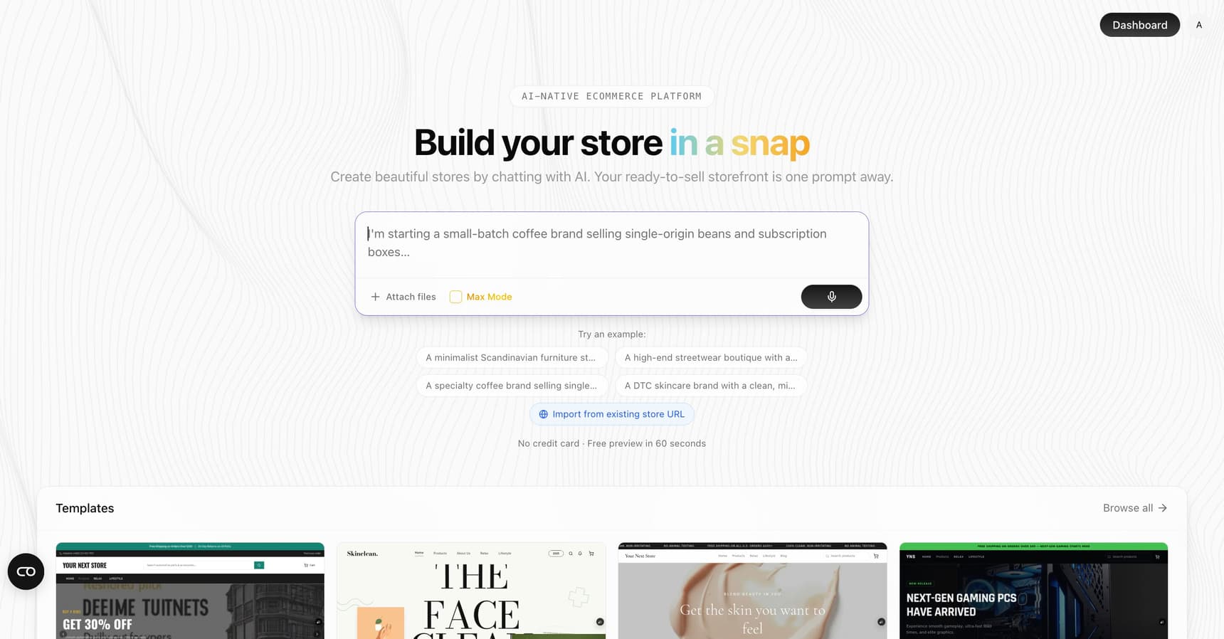 The 'Build your store in a snap' creation page with a prompt box to describe your business, example prompts, an option to import from an existing store URL, and a gallery of templates