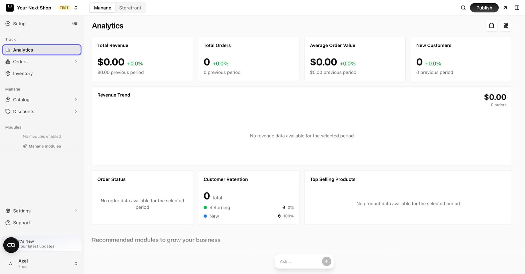 The YNS admin dashboard with the sidebar highlighted on the left: Setup at the top, then Track (Analytics, Orders, Inventory), Manage (Catalog, Discounts), Modules, and Settings and Support at the bottom