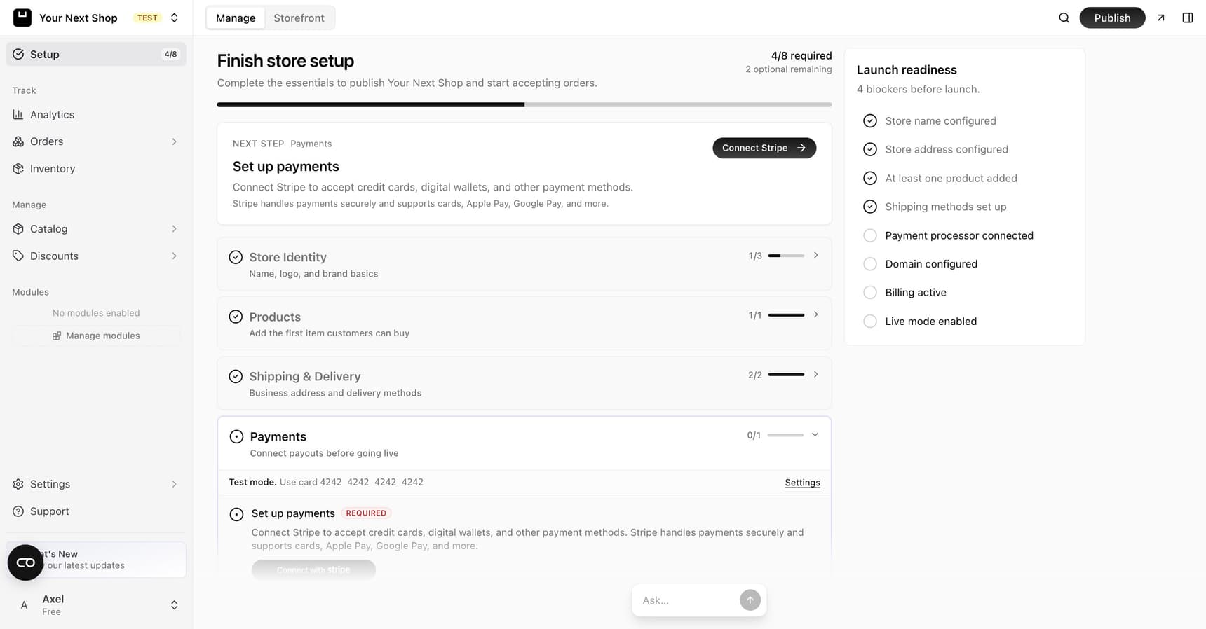 The Finish store setup page showing setup progress, the next step to set up payments, step cards for Store Identity, Products and Shipping, and a Launch readiness checklist