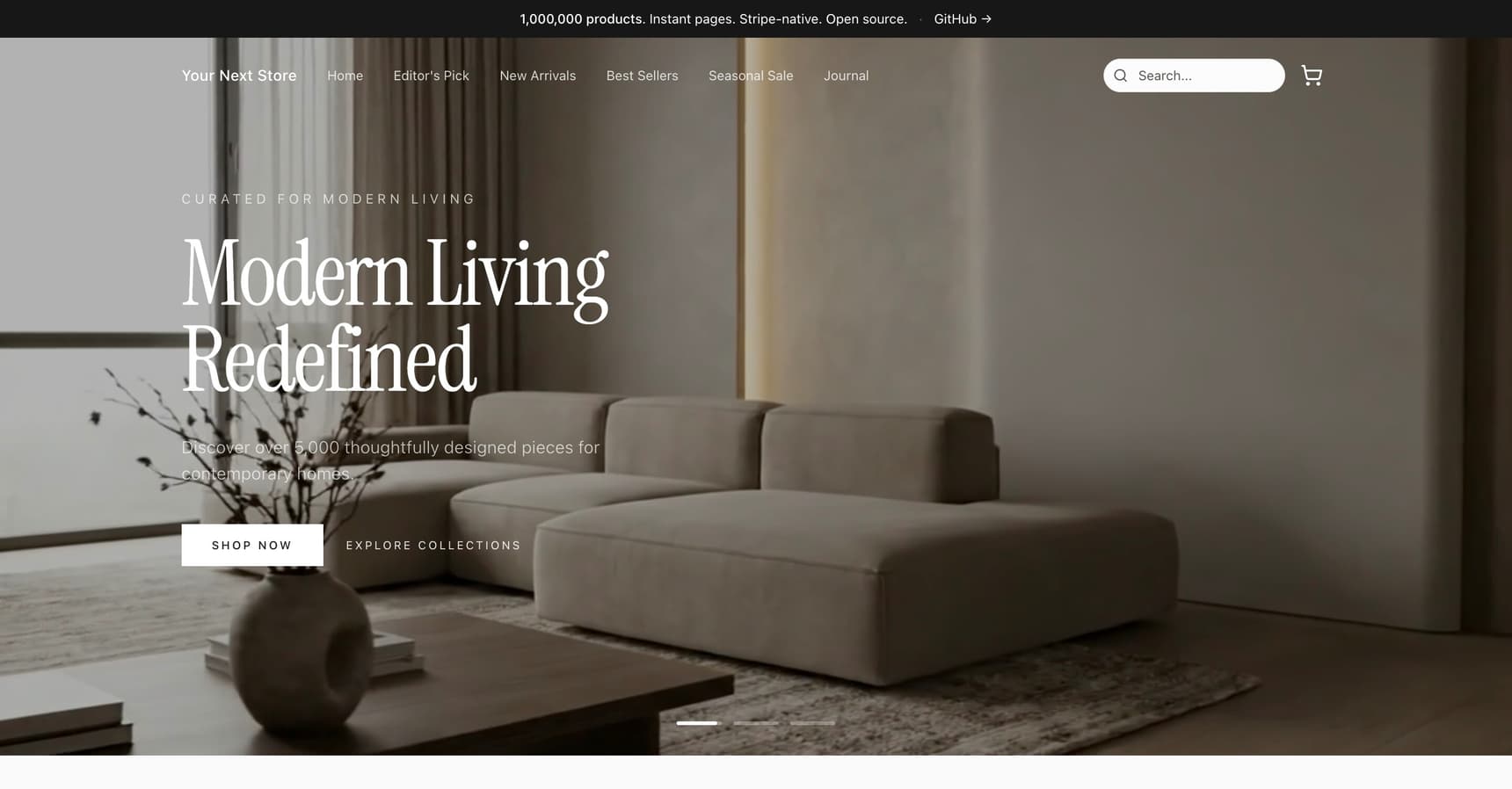An example YNS storefront homepage with a hero banner, navigation, and a product grid