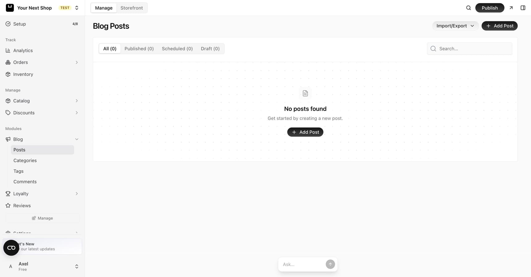 The Blog Posts page with tabs for all, published, scheduled, and draft posts, an Add Post button, and a sidebar with posts, categories, tags, and comments