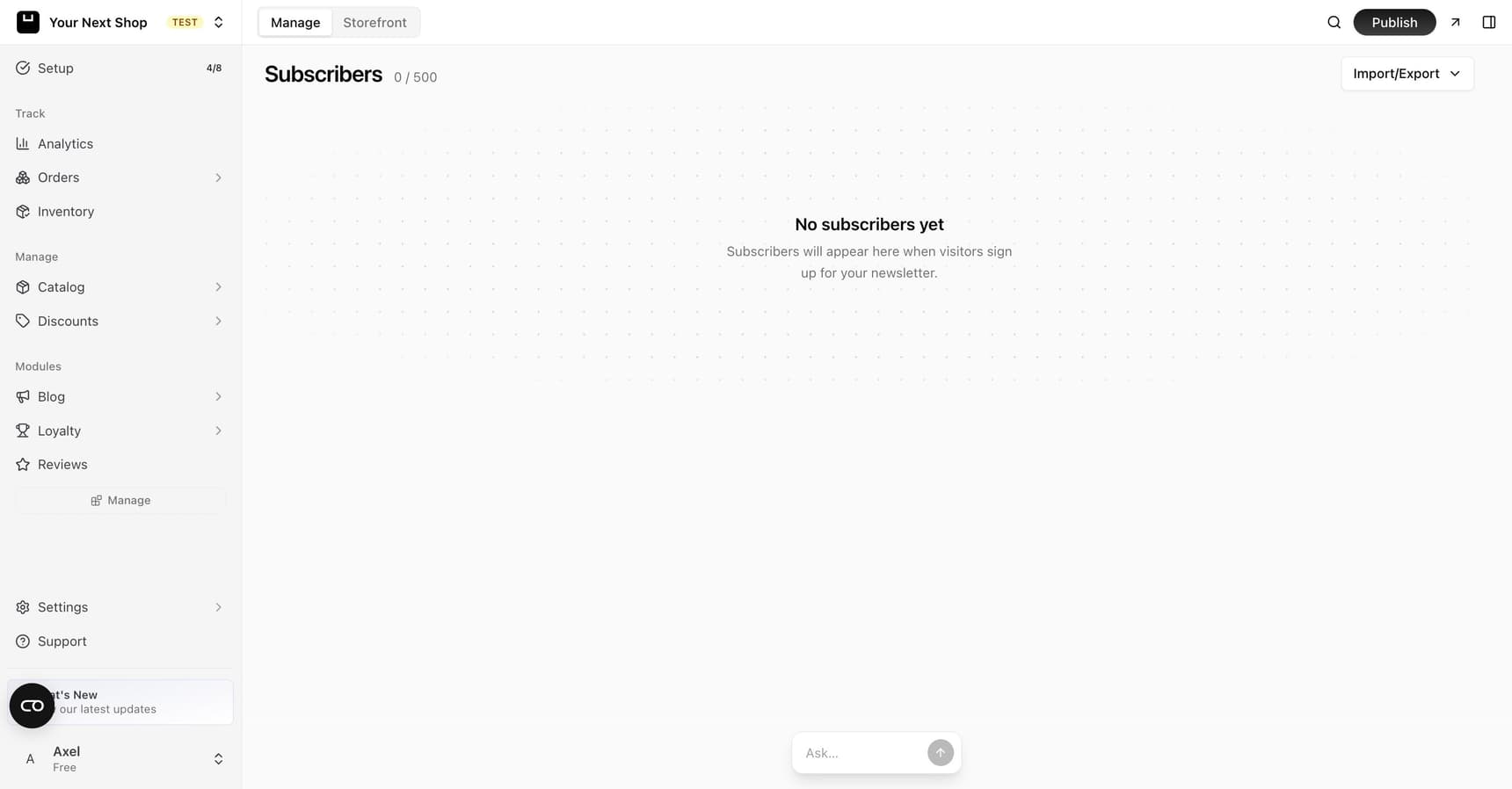 The Subscribers page showing the subscriber count and an import/export option. Subscribers appear here automatically when visitors sign up for your newsletter