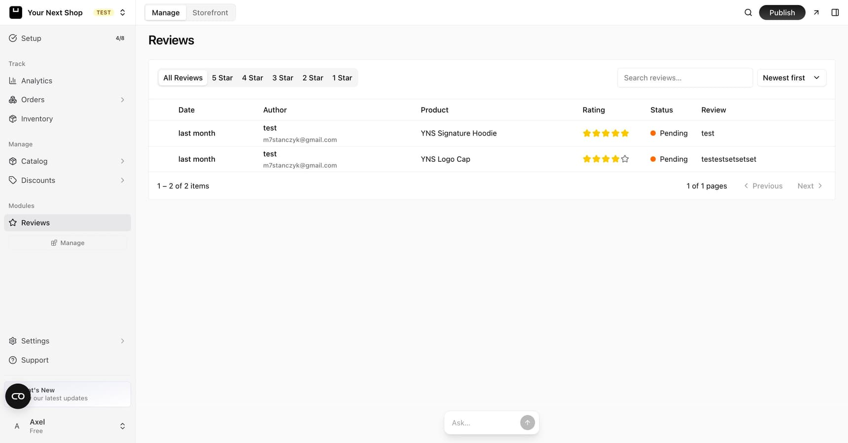 The Reviews page listing customer reviews with star ratings, the product reviewed, and a pending status you can moderate, plus filters by star rating