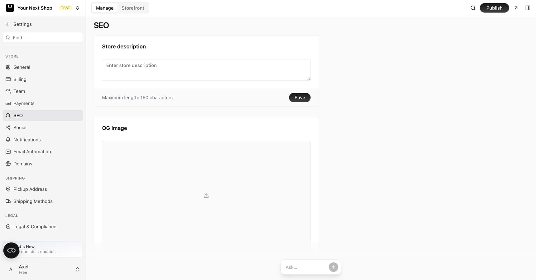 The SEO settings page with a store description field with a recommended ~160 characters and an OG image upload used when your store is shared online