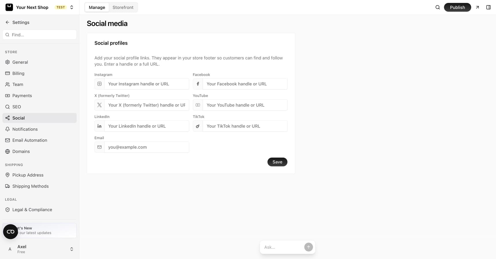 The Social media settings page with fields for Instagram, Facebook, X, YouTube, LinkedIn, TikTok, and email links shown in the store footer