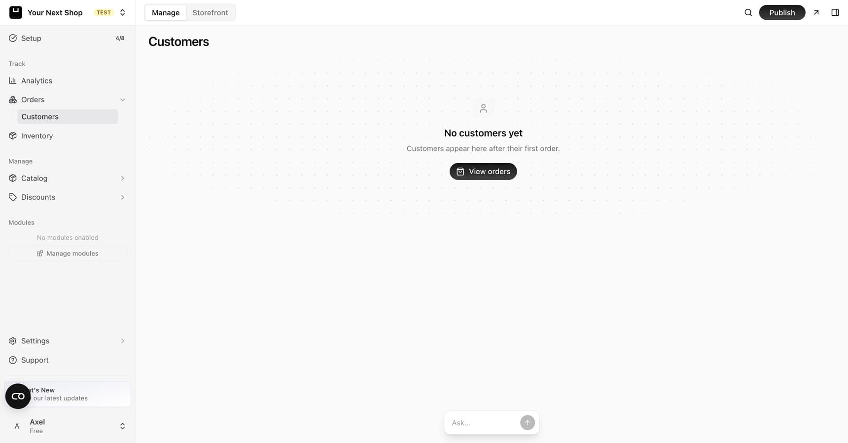 The Customers page in the dashboard. Customers appear here automatically after their first order, with a button to view orders