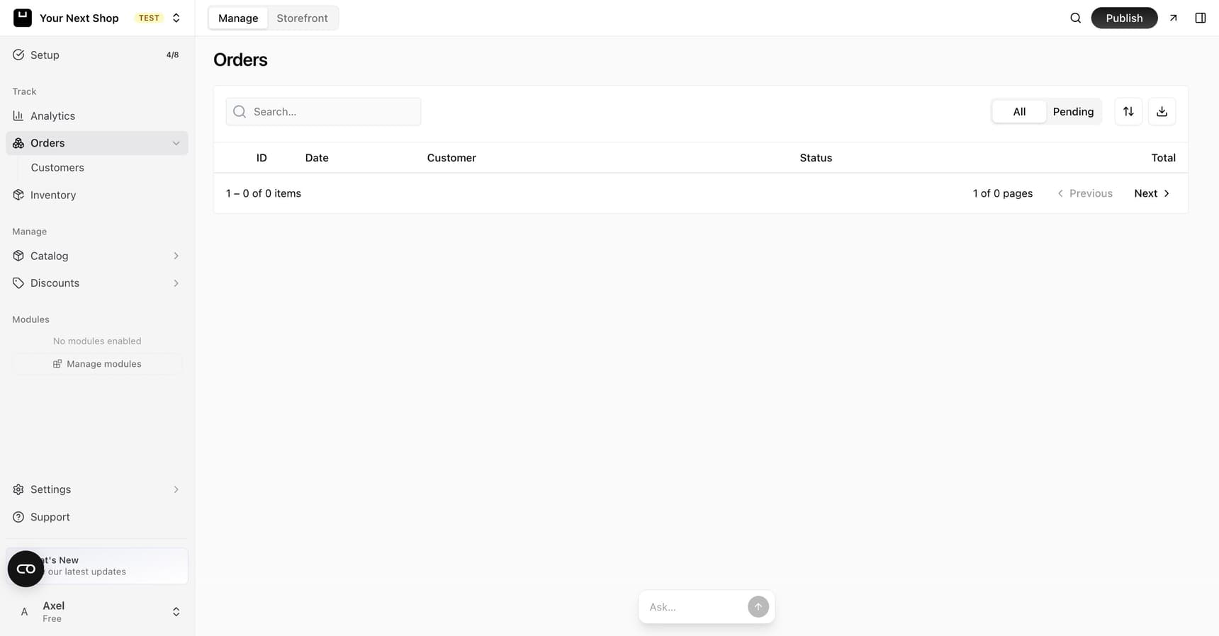 The Orders page with a search box, All and Pending filters, an export button, and columns for order ID, date, customer, status, and total