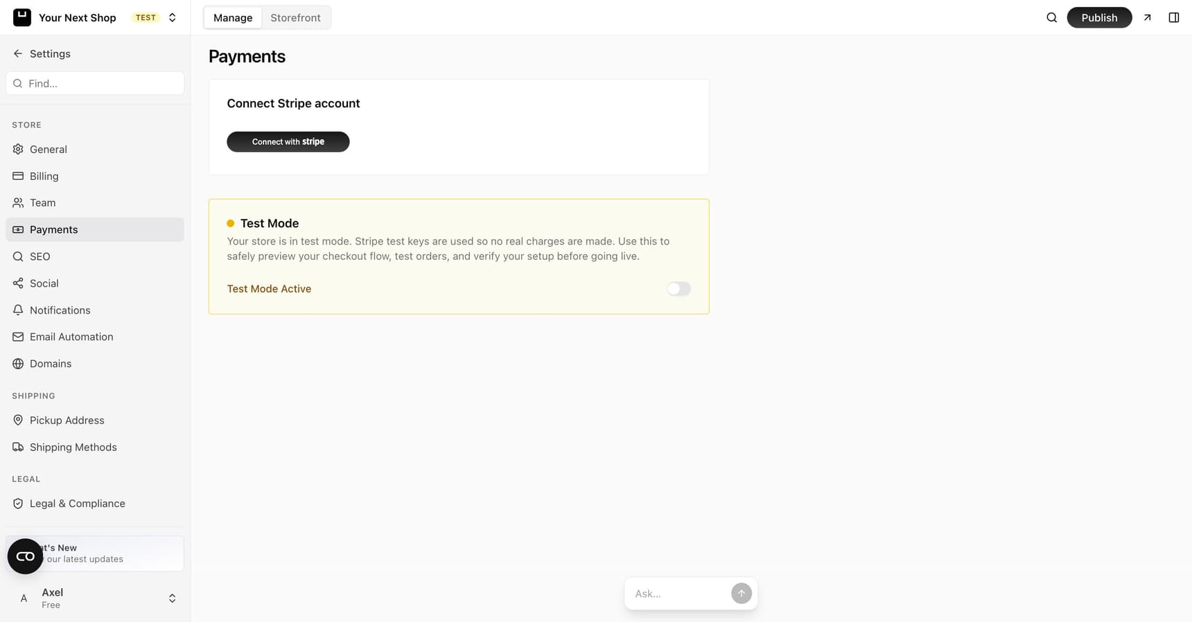 The Payments settings page with a Connect with Stripe button and a Test Mode panel explaining that test keys are used so no real charges are made