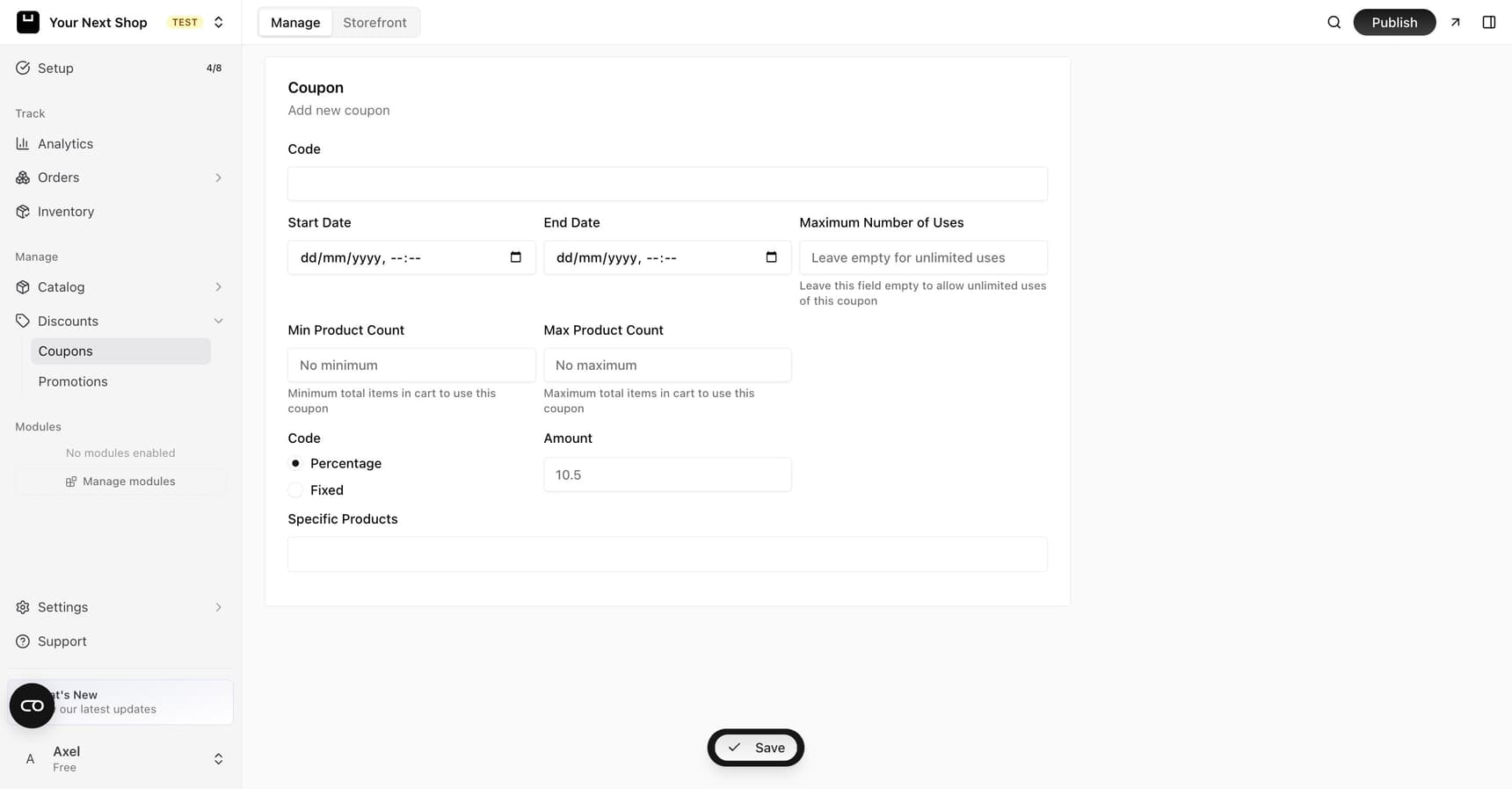 The new coupon form with fields for the code, start and end dates, maximum number of uses, minimum and maximum cart items, a percentage or fixed amount, and specific products