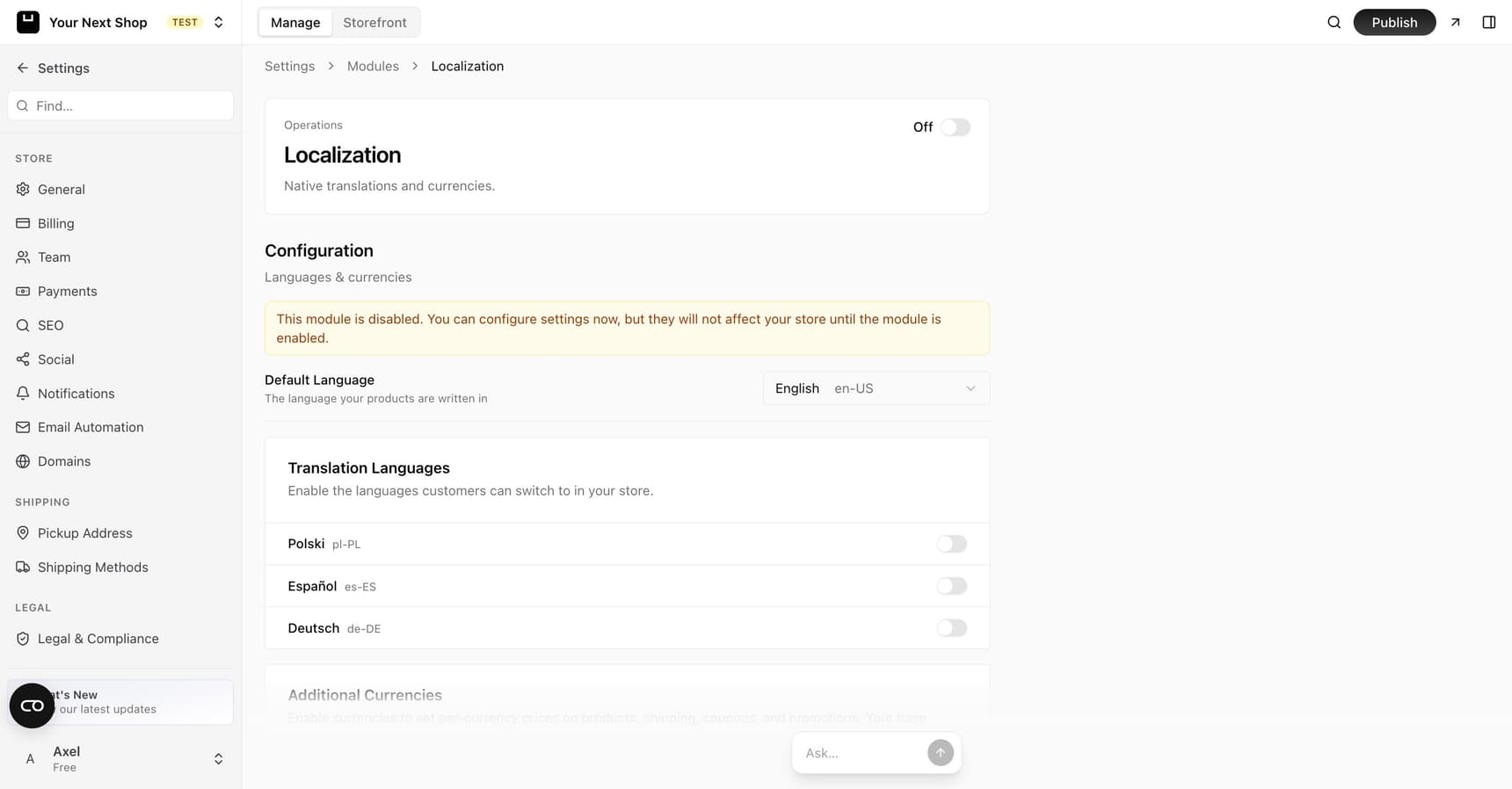 The Localization settings with a default language, optional translation languages, and an additional currencies section