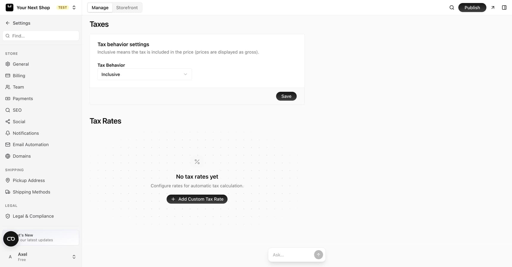The Taxes settings page with a tax behavior setting for inclusive or exclusive pricing and a Tax Rates section with an Add Custom Tax Rate button