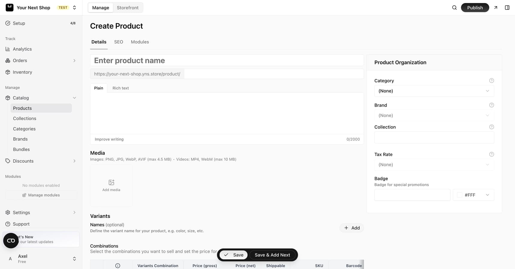 The Create Product form with fields for the product name, web address, description, media, and a Product Organization panel for category, brand, collection, and tax rate