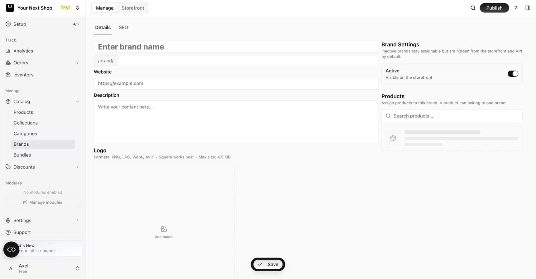 The brand editor with fields for the brand name, website, description, and logo, an Active toggle to show it on the storefront, and a panel to assign products to the brand