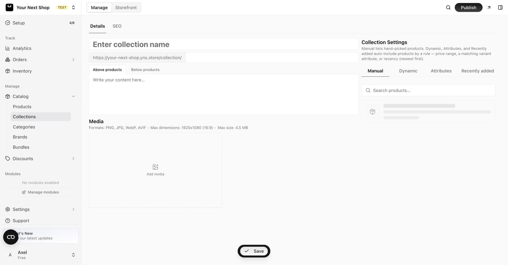 The collection editor with Collection Settings offering Manual, Dynamic, Attributes, and Recently added options for choosing products by hand or automatically by a rule
