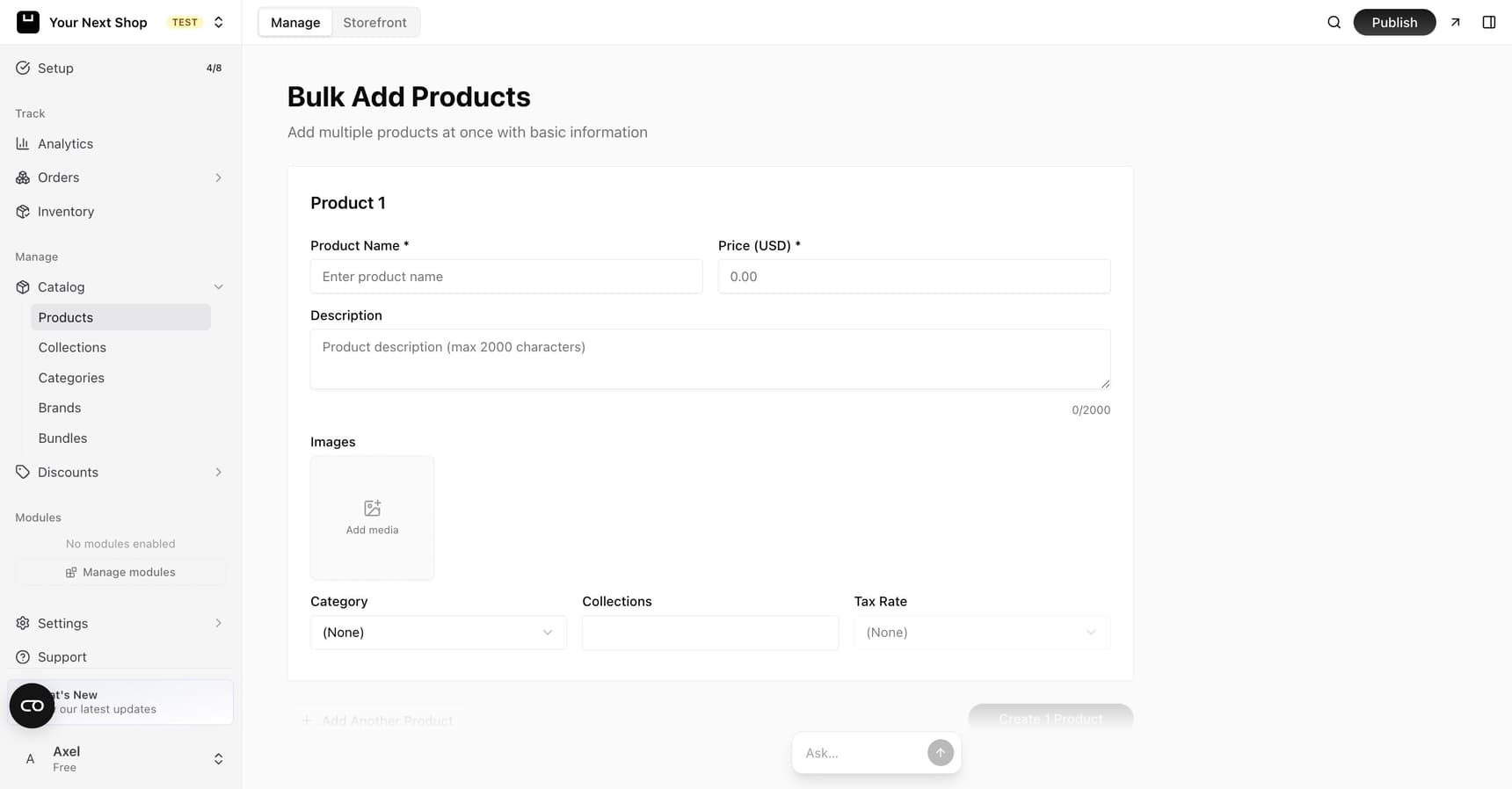 The Bulk Add Products screen where you enter several products at once, each with a name, price, description, images, category, and tax rate