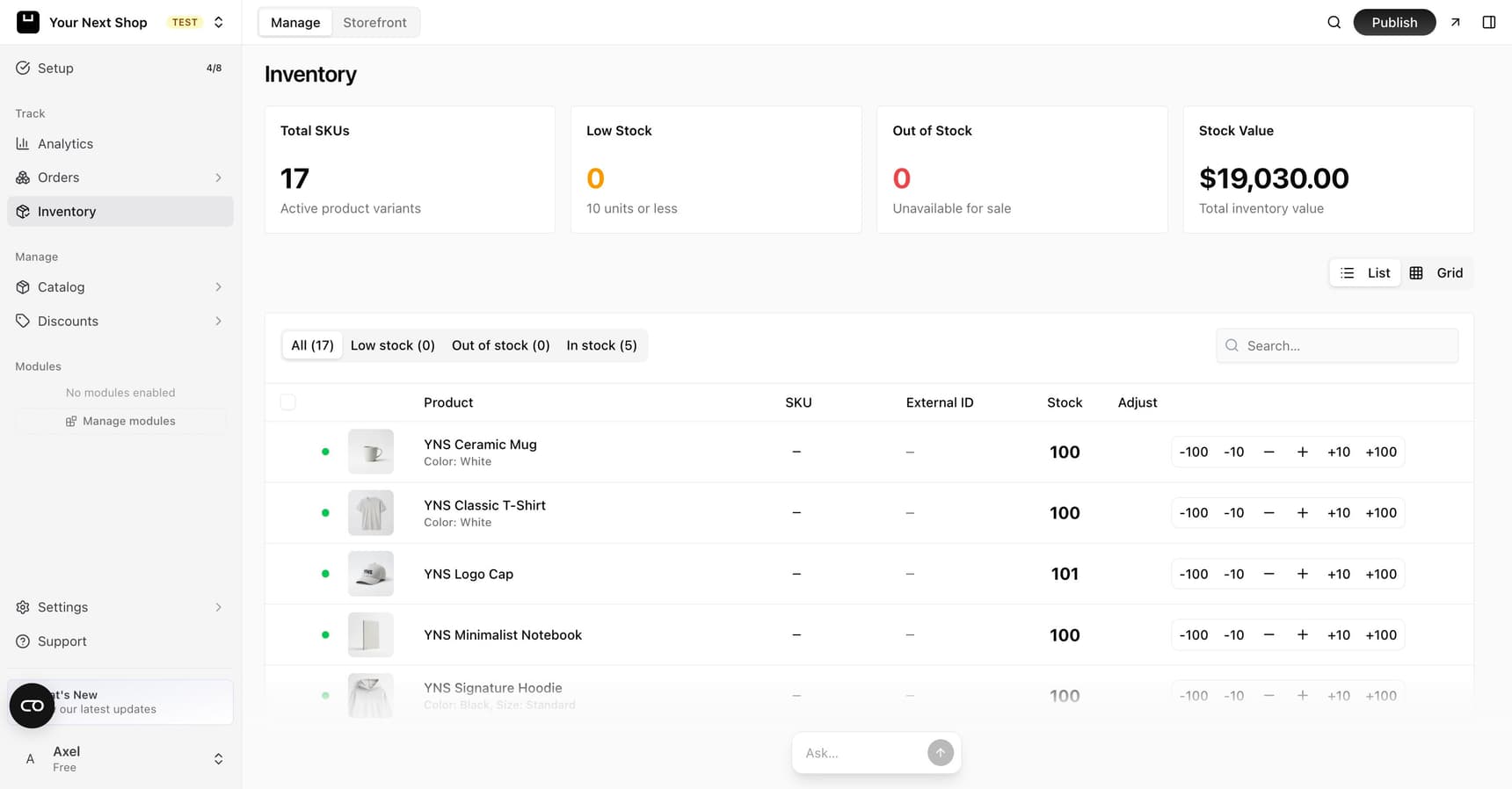 The Inventory page showing total SKUs, low-stock and out-of-stock counts, total stock value, and a list of products with their stock levels and quick adjust buttons