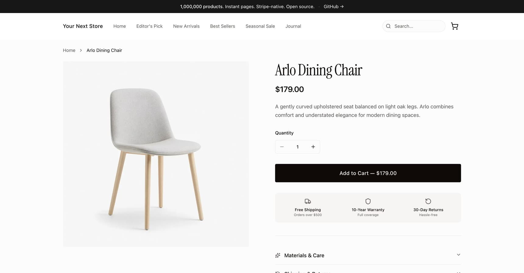 A product page in the storefront showing a large, clear product photo next to the product name, price, and Add to Cart button