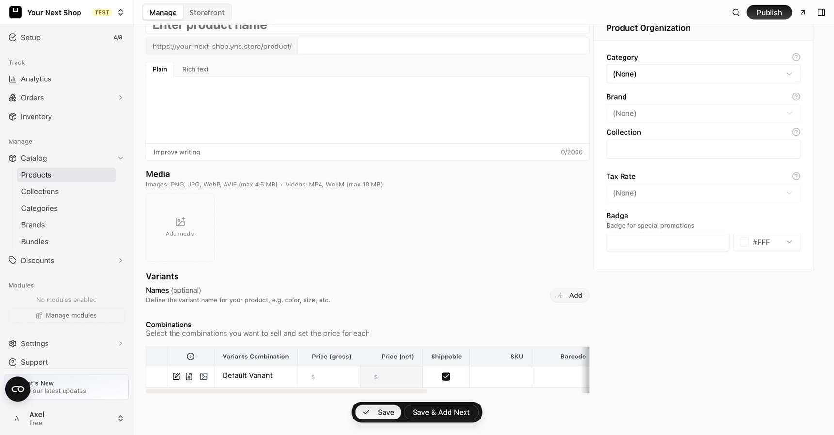 The Variants section of the product editor, with a place to name options like size and color and a Combinations table listing each variant with its own price, stock, and SKU