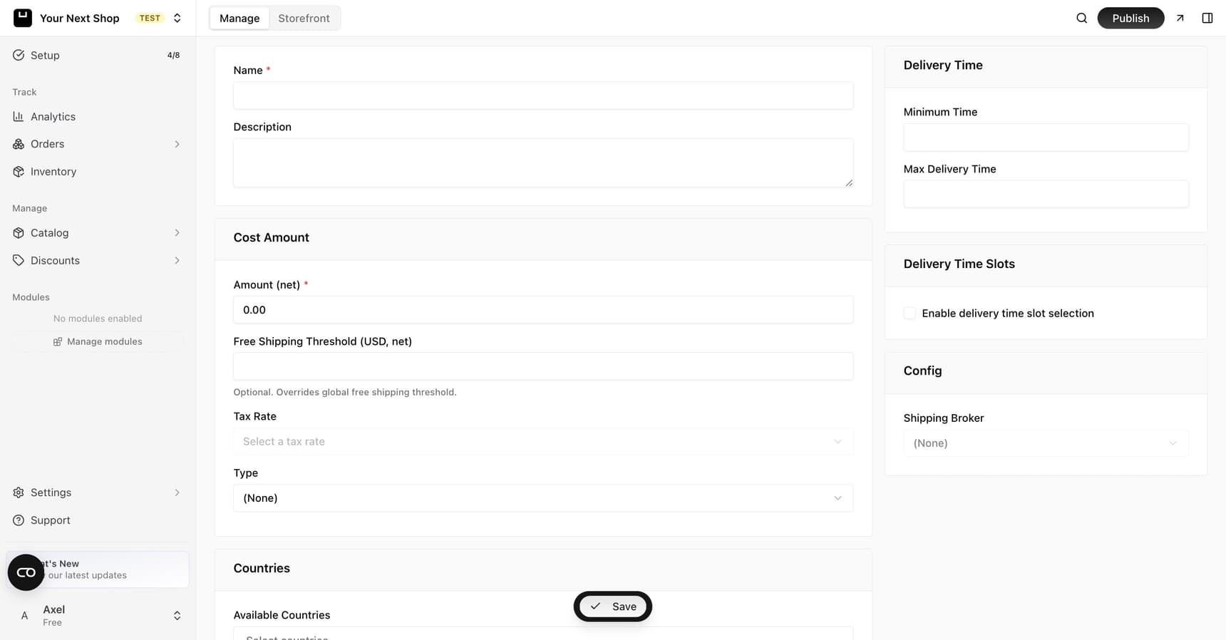 The shipping method form with fields for the name, cost amount, a free shipping threshold, tax rate, available countries, and delivery time