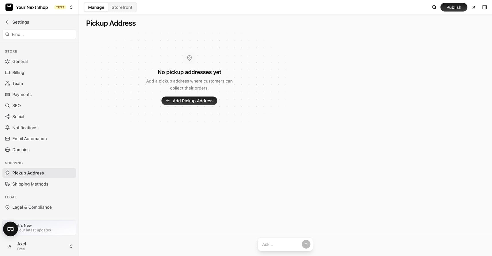 The Pickup Address settings page with an Add Pickup Address button for adding a place where customers can collect their orders