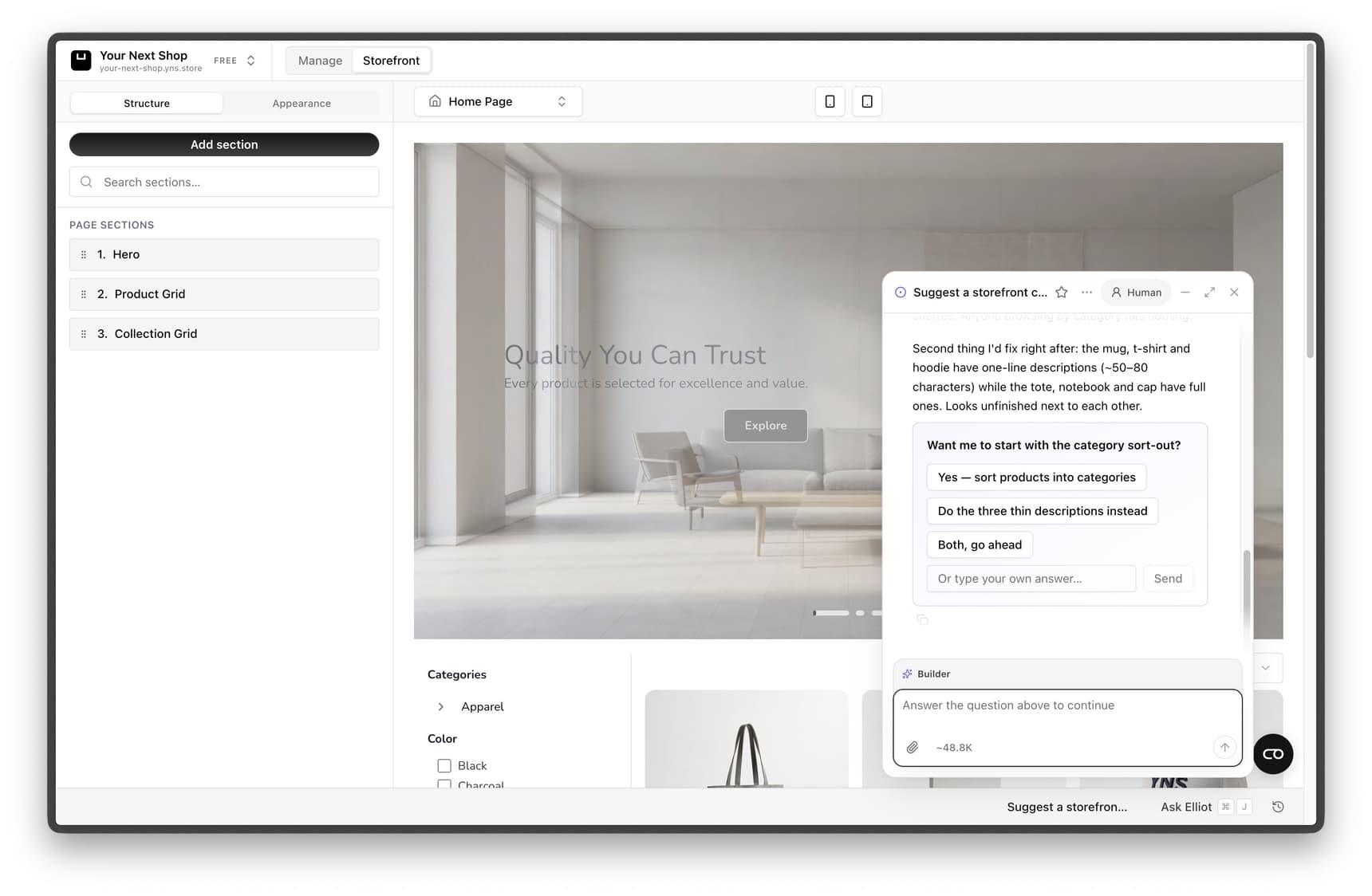 The store builder with the Elliot chat panel open on the right, where you type a request in plain language and the live preview updates
