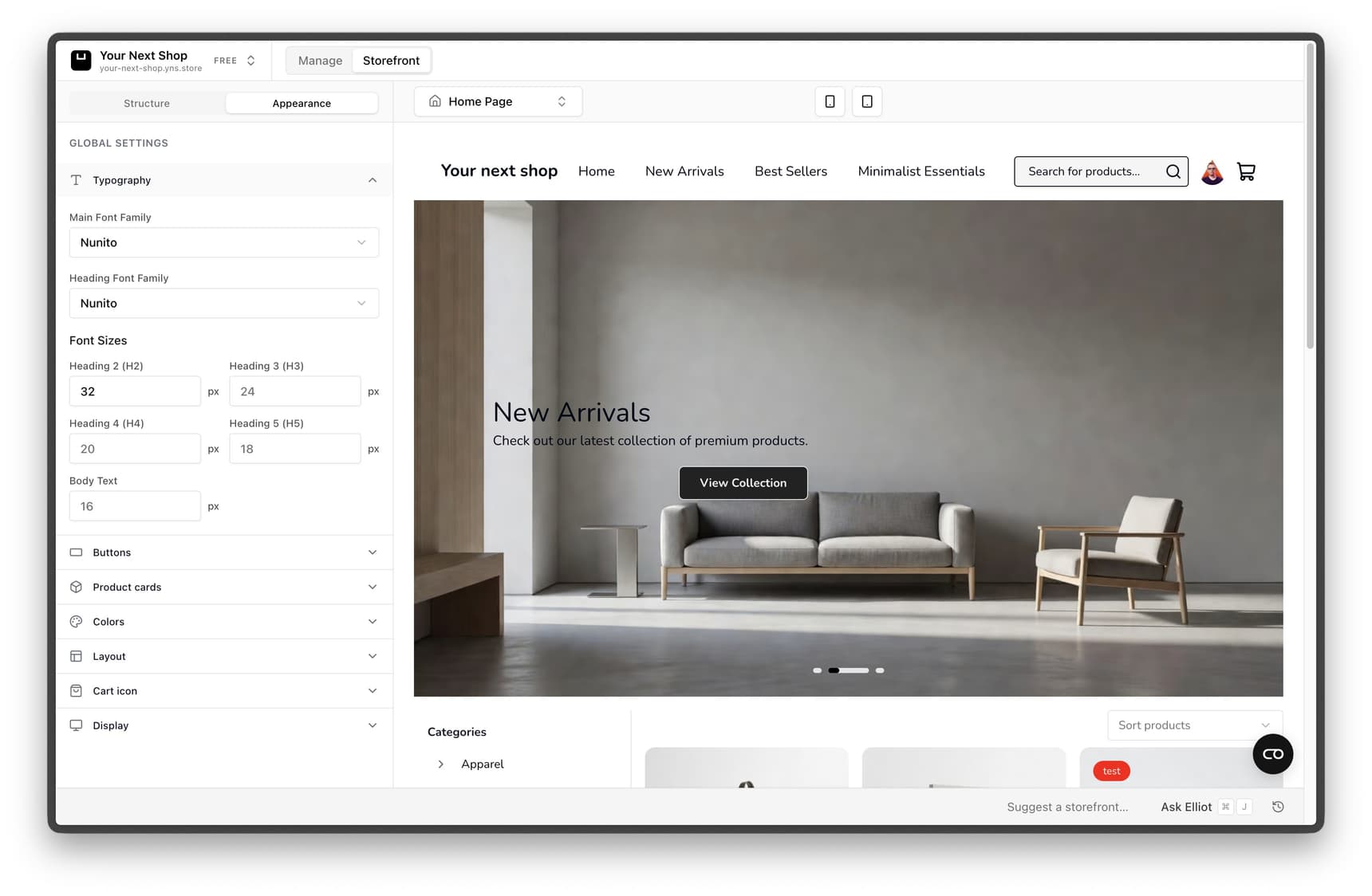 The builder's Appearance panel with global settings for typography, buttons, product cards, colors, and layout next to a live preview of the store