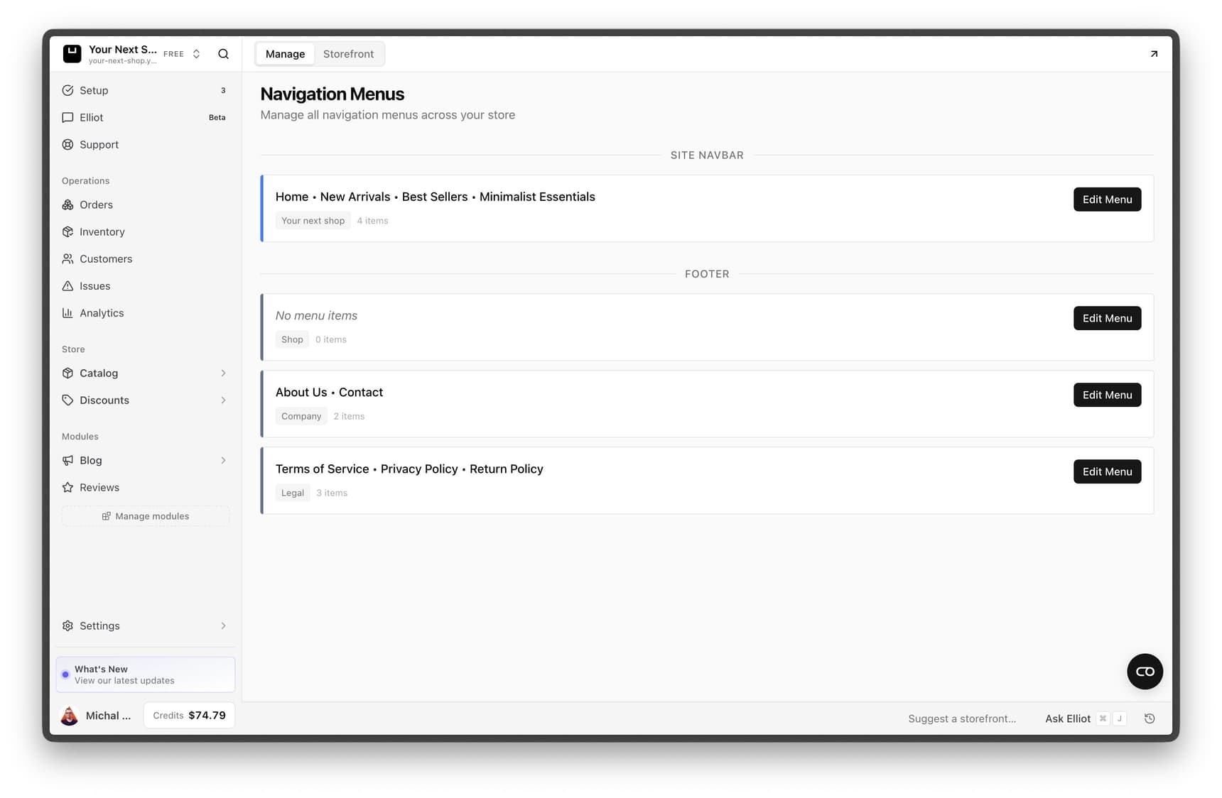 The Navigation Menus page listing the site navbar menu and footer menus, each with an Edit Menu button