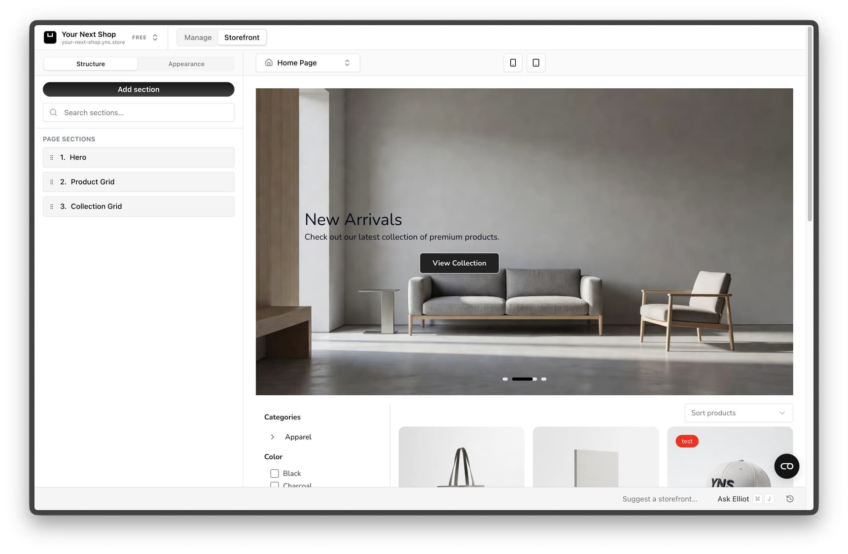 The store builder showing a list of page sections like Hero, Product Grid, and Collection Grid on the left and a live preview of the page on the right