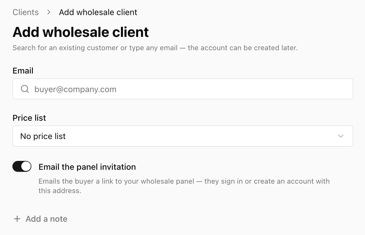 The Add wholesale client page with Email, Price list, and the Email the panel invitation switch