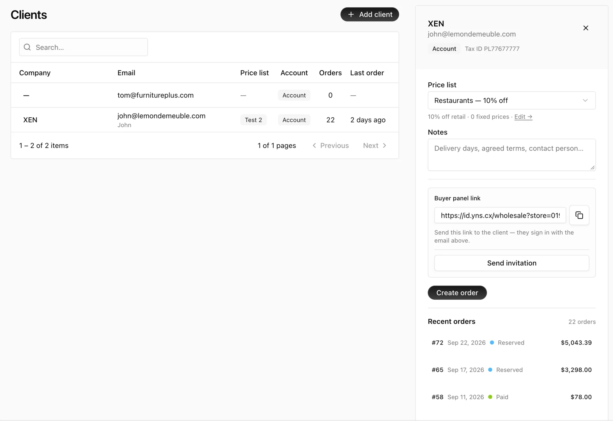 The Clients list with a client's details open: price list, notes, buyer panel link, Send invitation, and recent orders