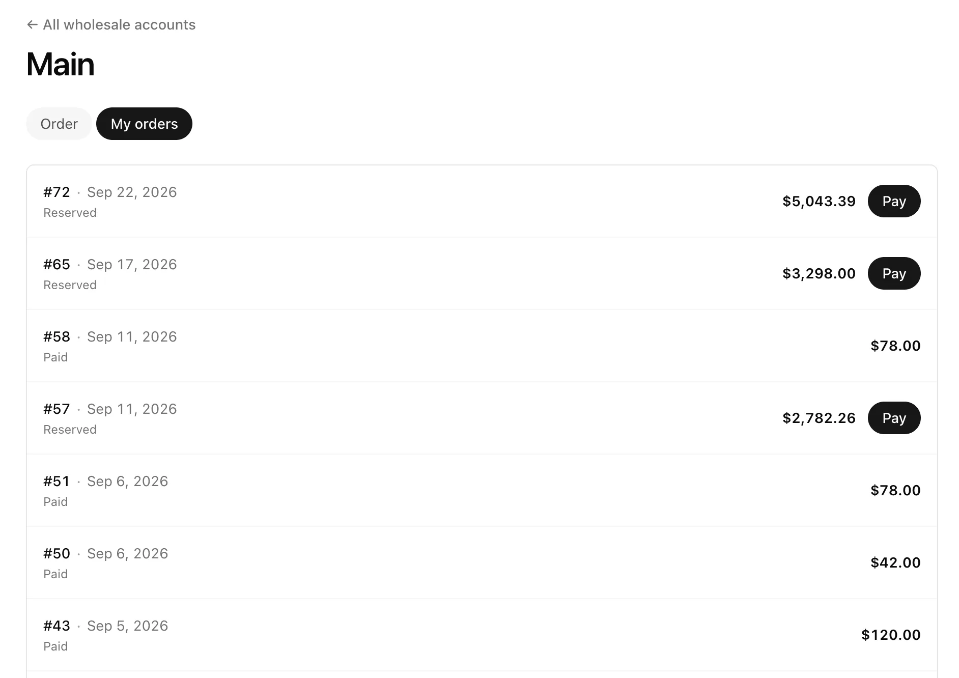 The My orders tab listing reserved orders with a Pay button and paid orders