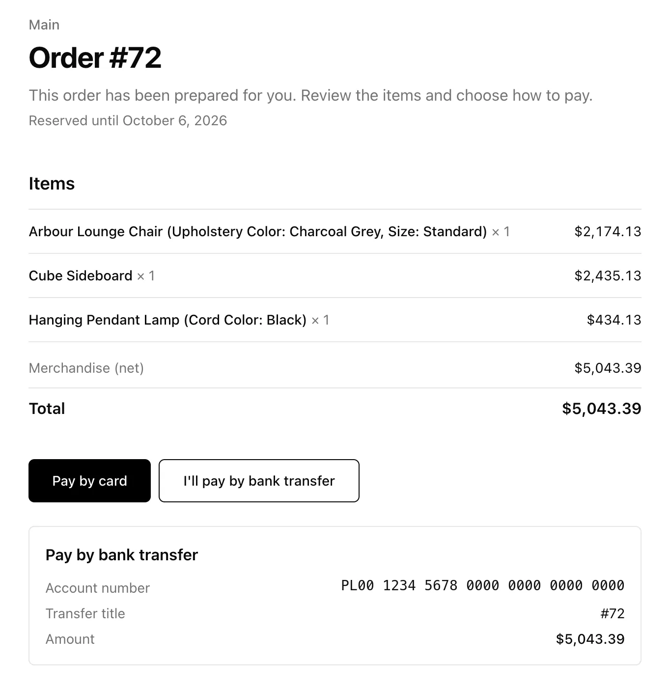 The payment page for a reserved order with Pay by card, I'll pay by bank transfer, and the bank details