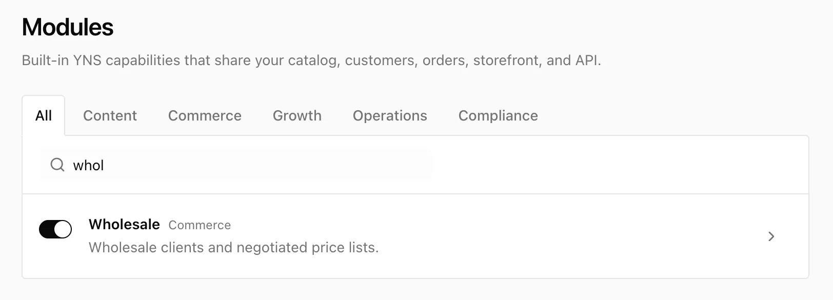 Settings, Modules page filtered to Wholesale, with the module switched on