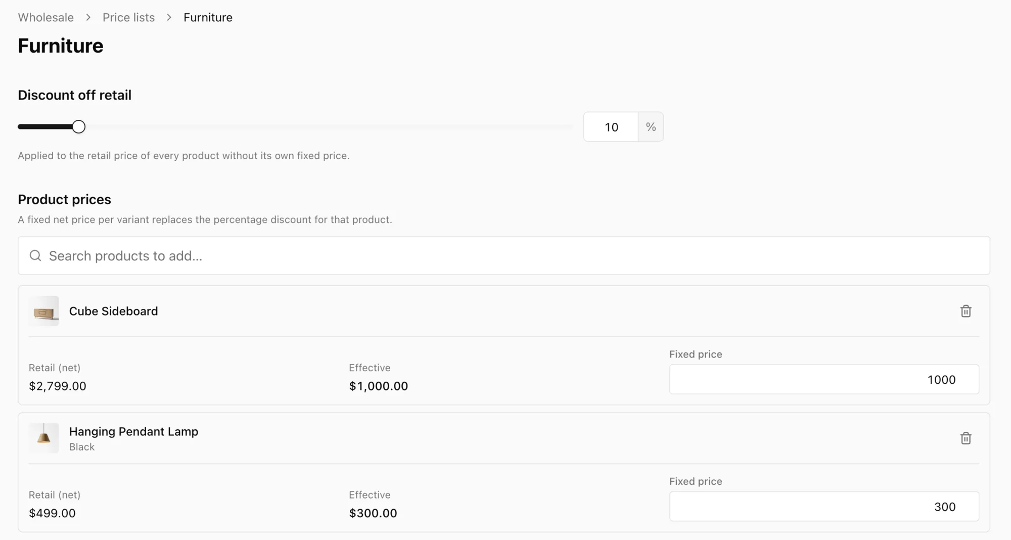 A price list editor with a 10% discount and fixed prices for two products