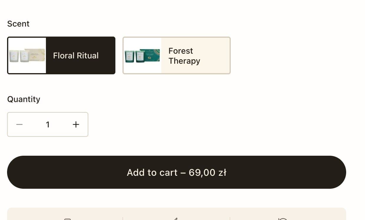 Scent options with photo thumbnails above the add to cart button