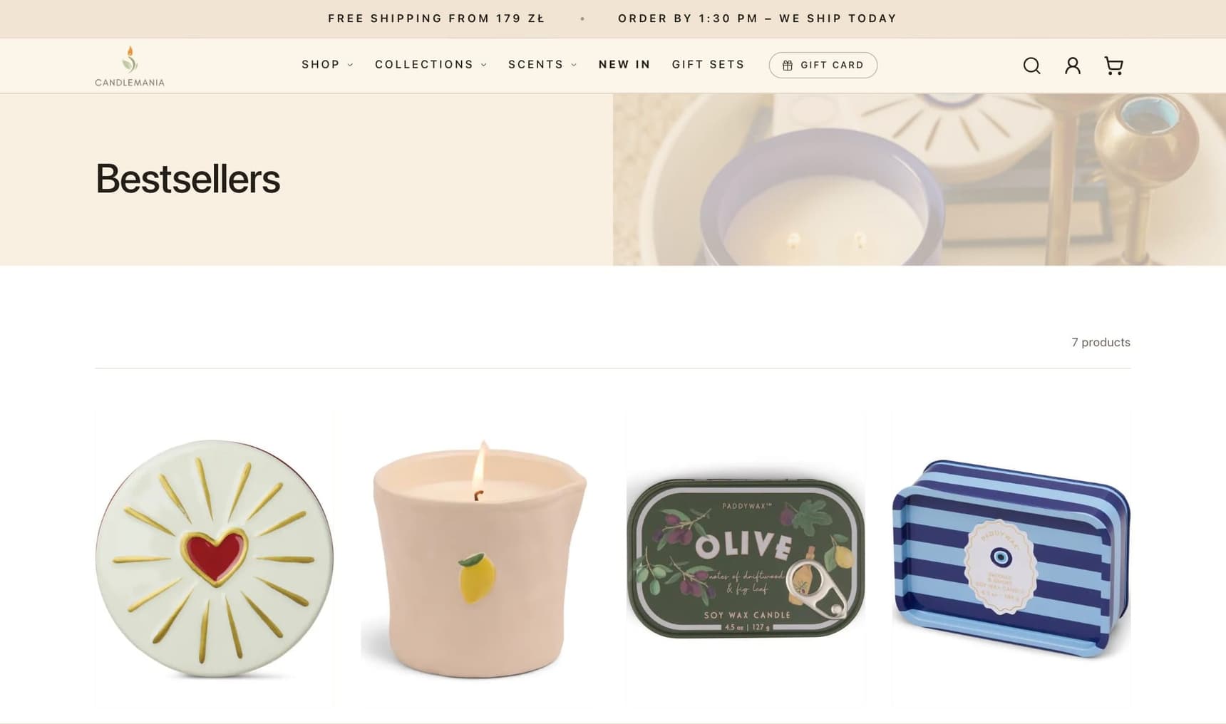 The Candlemania store on desktop: Bestsellers