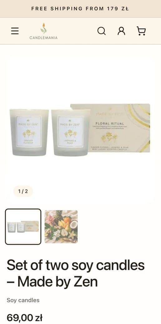A Candlemania gift set product page on mobile