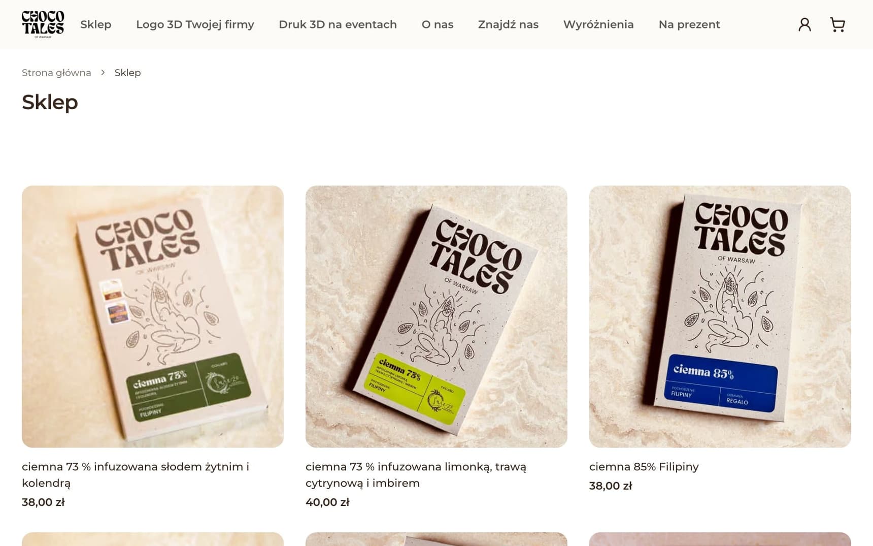 Strona sklepu chocoTales z dużymi kartami produktów