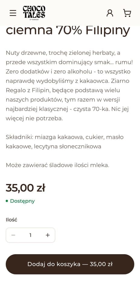 Strona produktu chocoTales na telefonie z przyciskiem „Dodaj do koszyka”