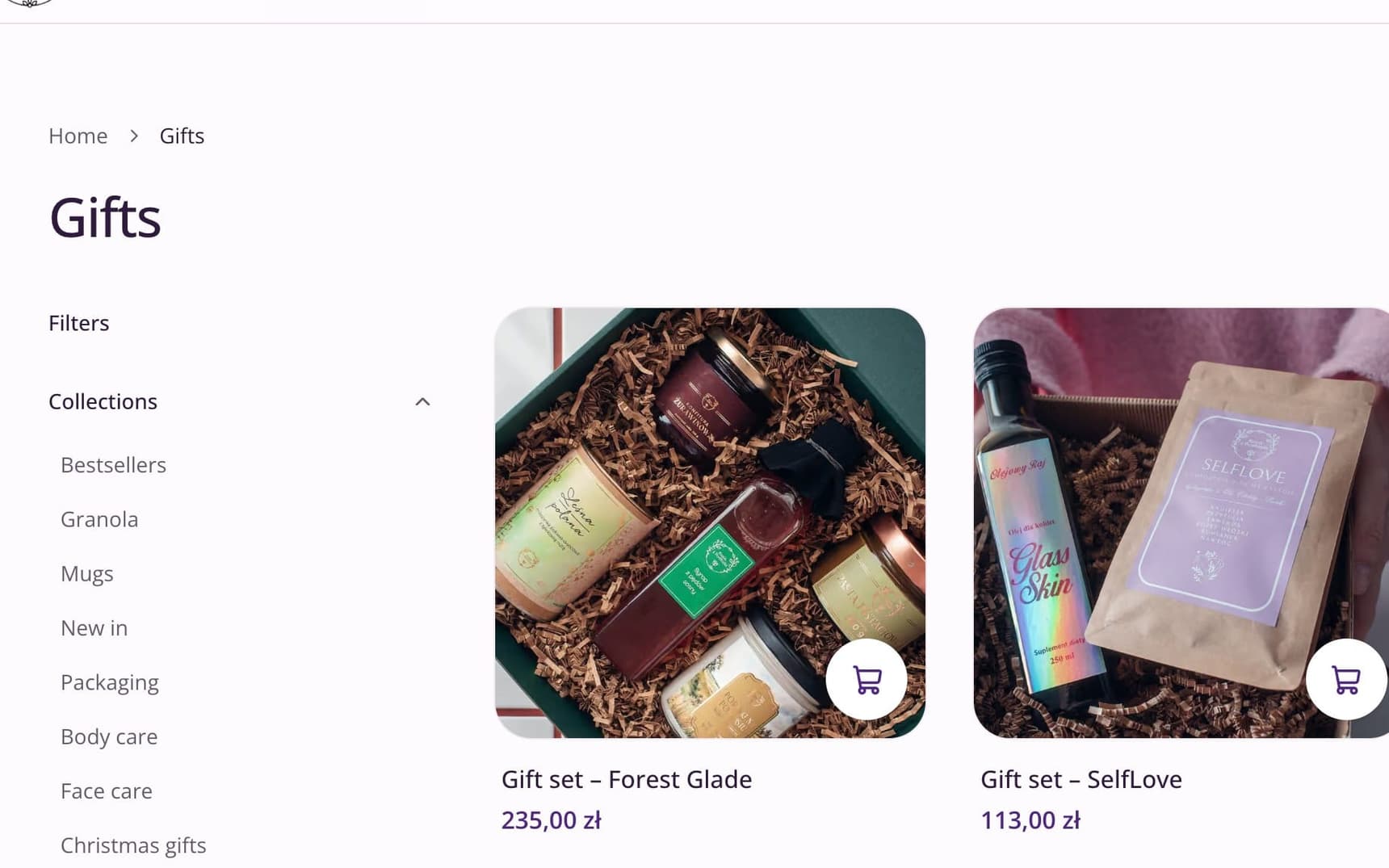 The gift sets page with filters