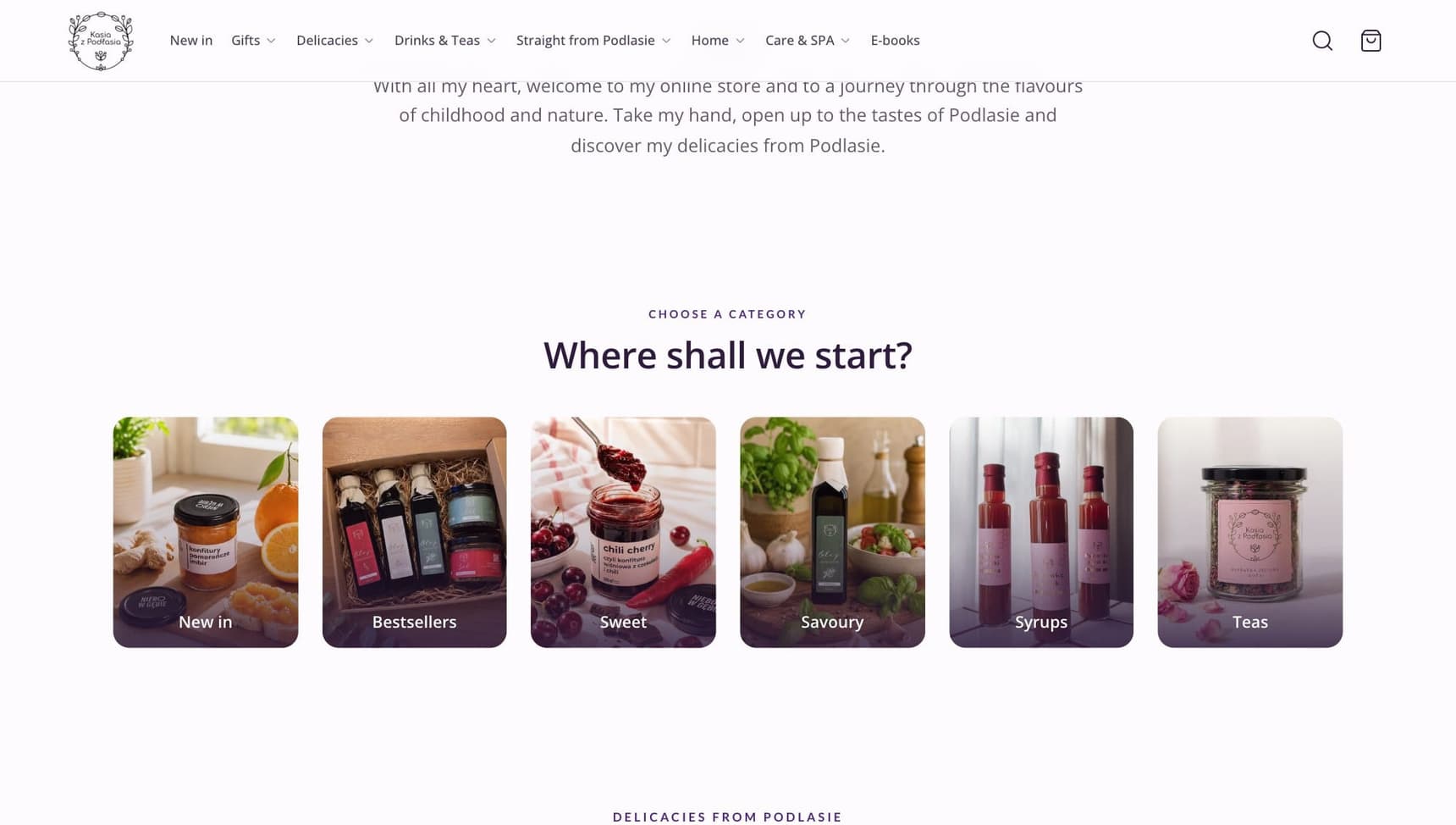 The Kasia z Podlasia shop page with category tiles on desktop