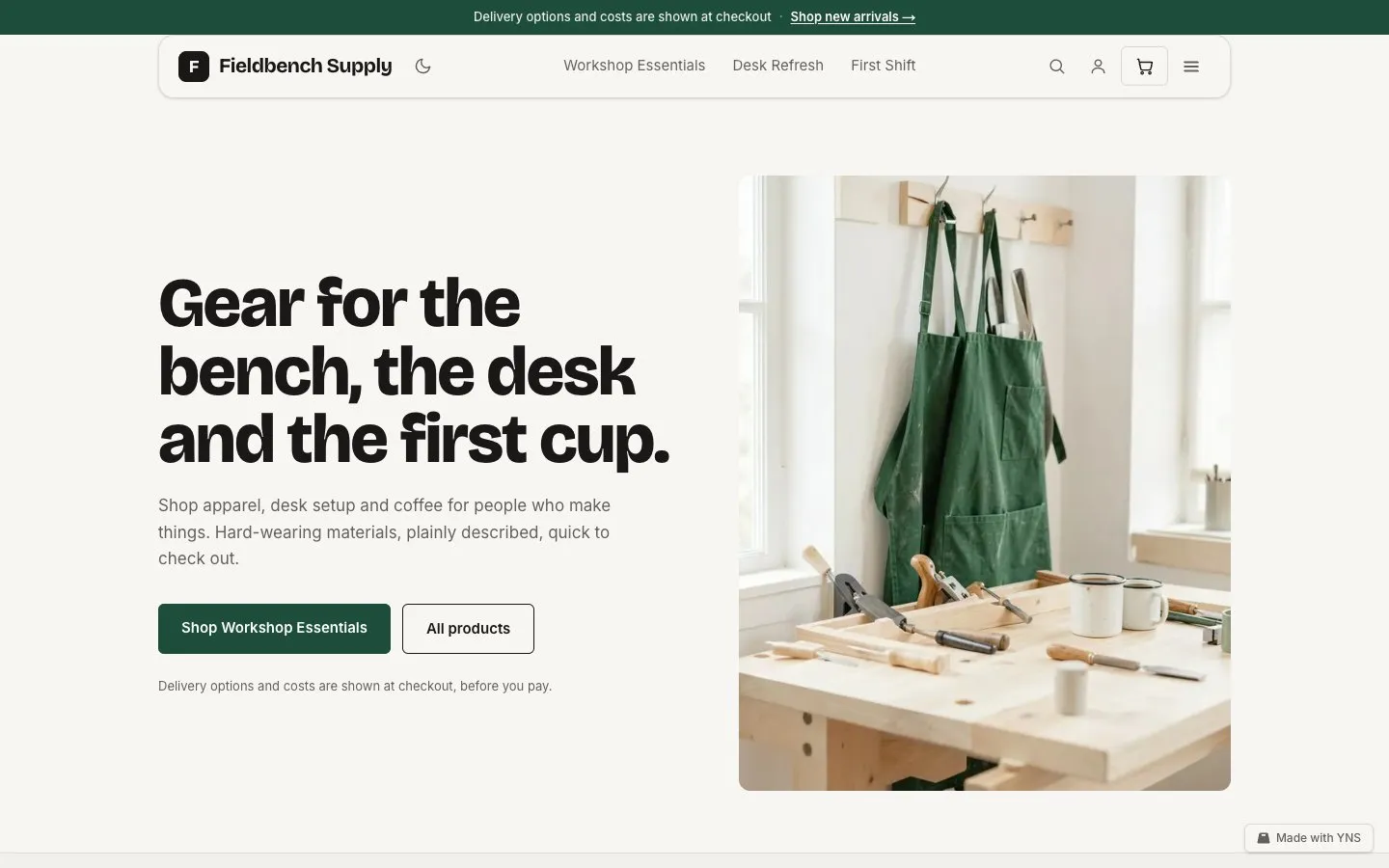Fieldbench store template, home page