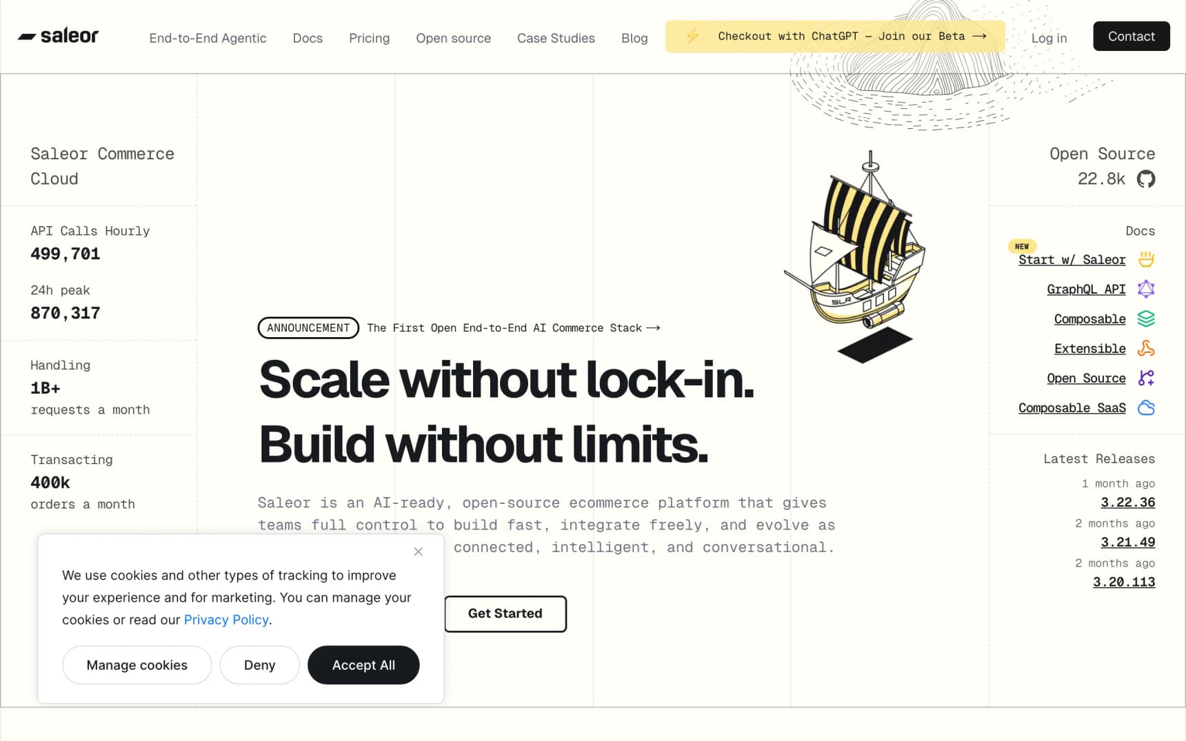Saleor homepage, showing its open-source GraphQL commerce positioning