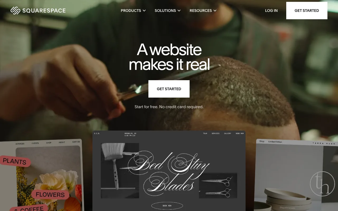 The Squarespace homepage, a visual-first website builder with a simple store option