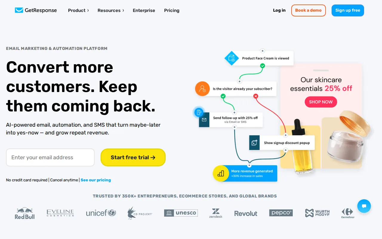 GetResponse homepage showing its email, SMS and automation platform